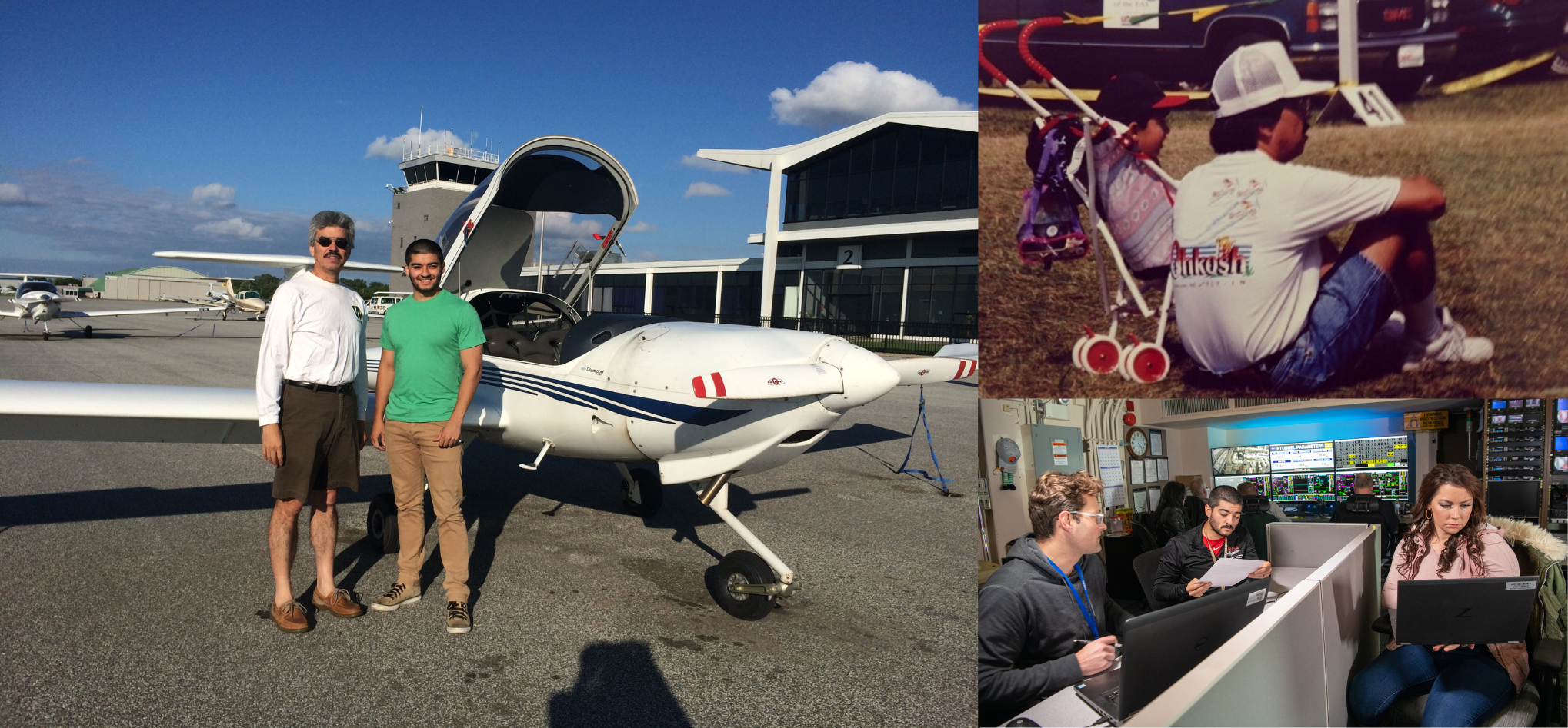 A collage of photos of a NASA employee. In the left photo, two men smile and pose in front of a white aircraft at an airport. The one on the left is taller and wearing sunglasses and a white shirt, and the one on the right is wearing a green shirt. In the top right photo, a man sits in the grass beside a child in a stroller. Both are looking away from the camera, and the man is wearing a shirt that says, "Oshkosh." In the bottom right photo, three researchers work on laptops and examine documents inside a control room with monitors and equipment.