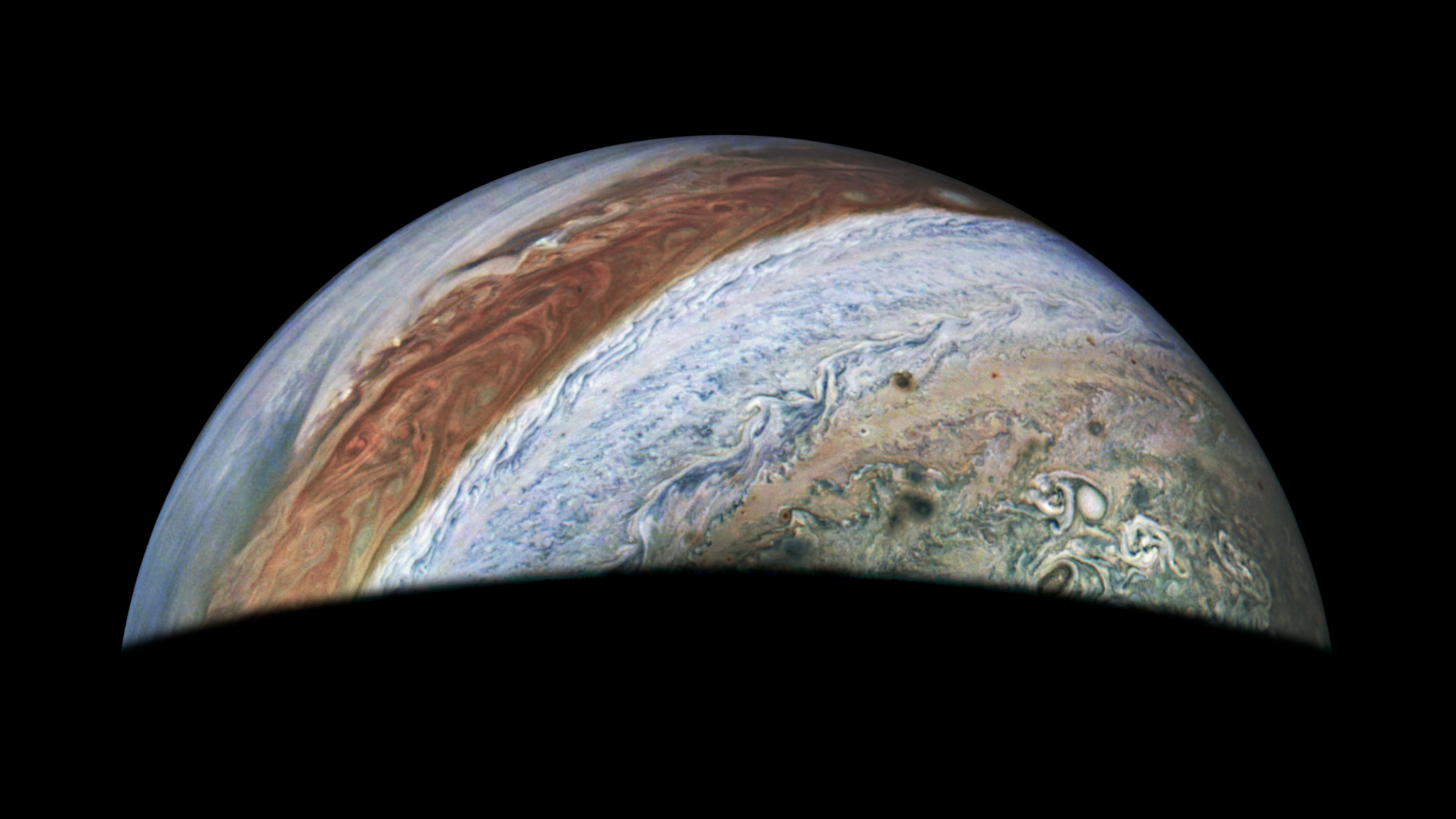 This view of Jupiter was captured by the JunoCam instrument aboard NASA’s Juno spacecraft during the mission’s 62nd close flyby of the giant planet on June 13