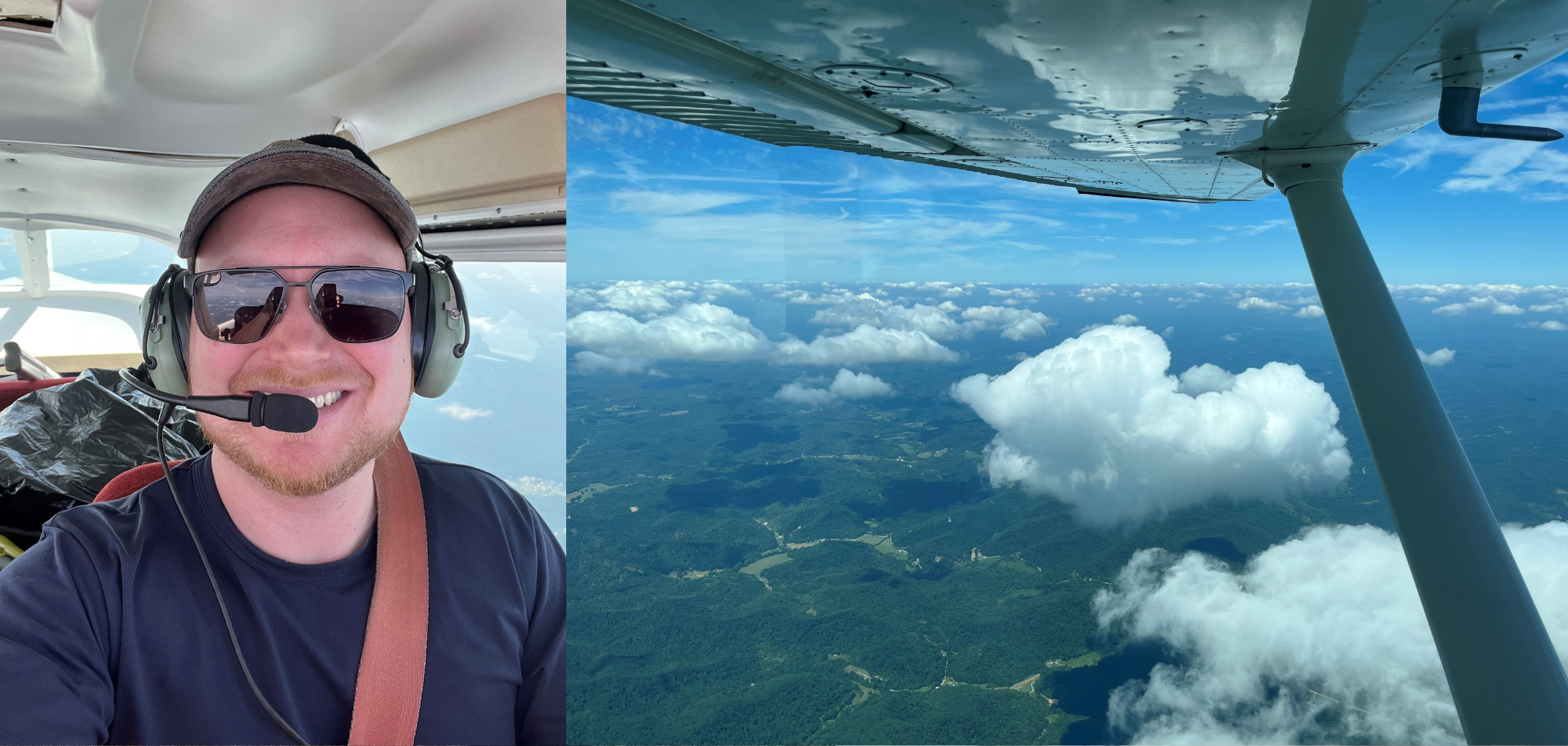 : A man wearing a hat, sunglasses, and an aviation headset smiles at the camera as he sits in an aircraft cockpit. Clouds and sky can be seen out the windows beside and behind him.