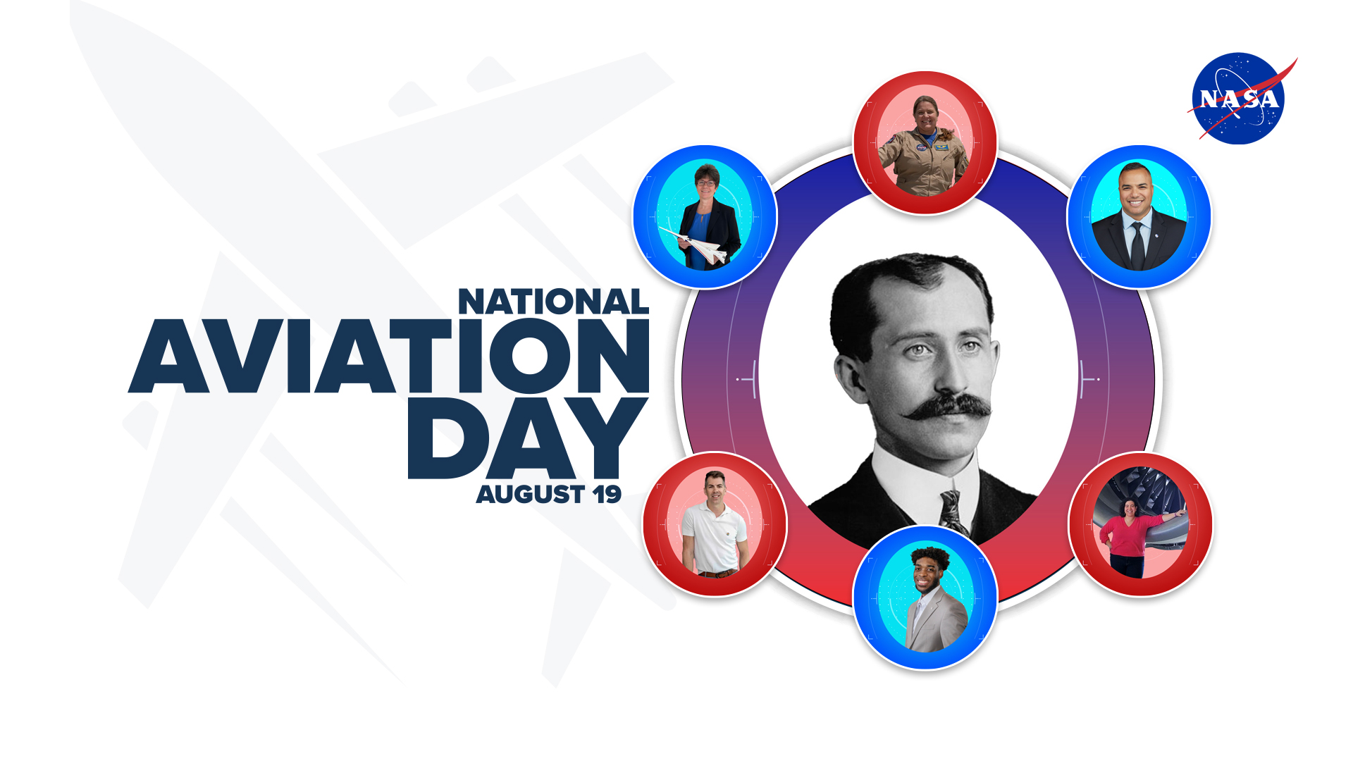 National Aviation Day graphic showing Orville Wright surrounded by faces of current NASA aeronautical innovators.