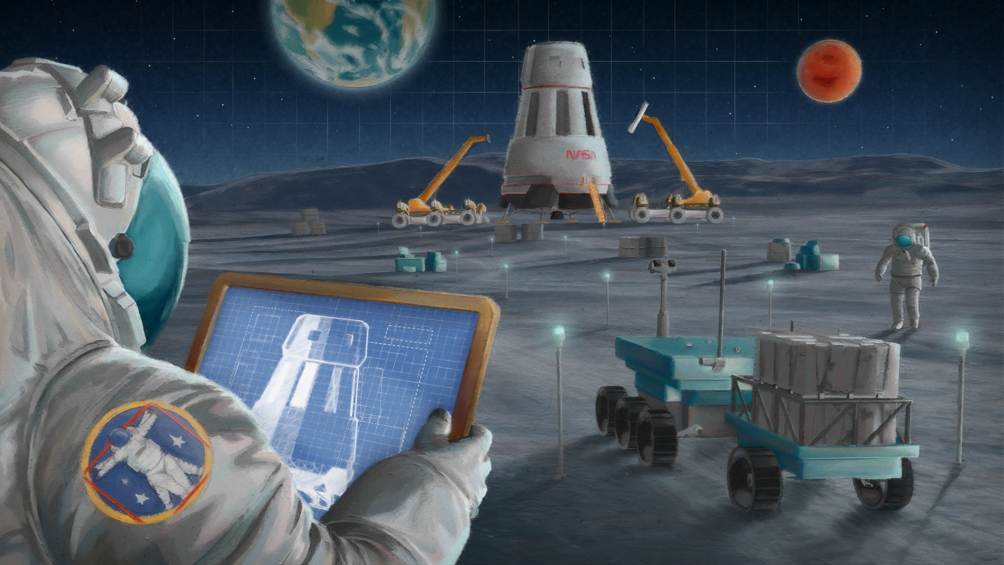 An astronaut holds a tablet displaying plans for a lunar lander. In the background, that lander appears to be under construction. In the foreground, a small logistics rover carries material toward the lander.