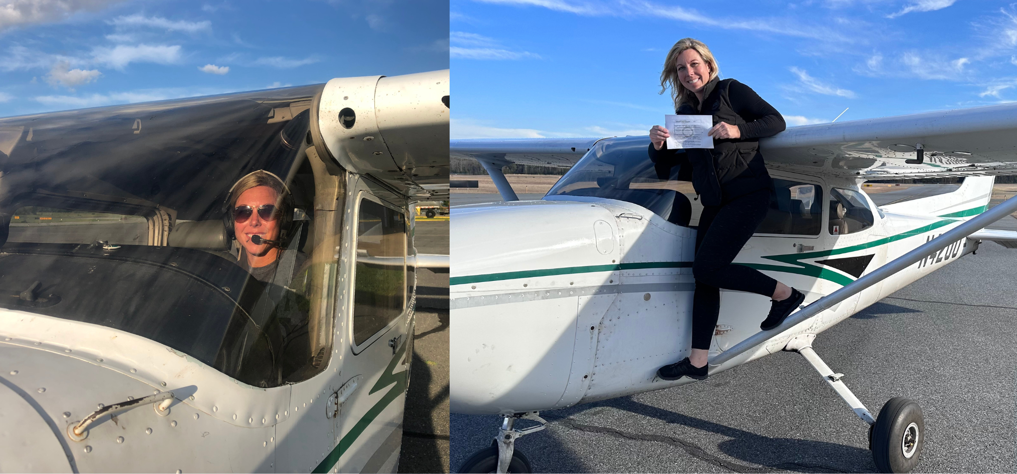 A woman stands on the wing outside a small white plane and holds up a certificate as she smiles at the camera.