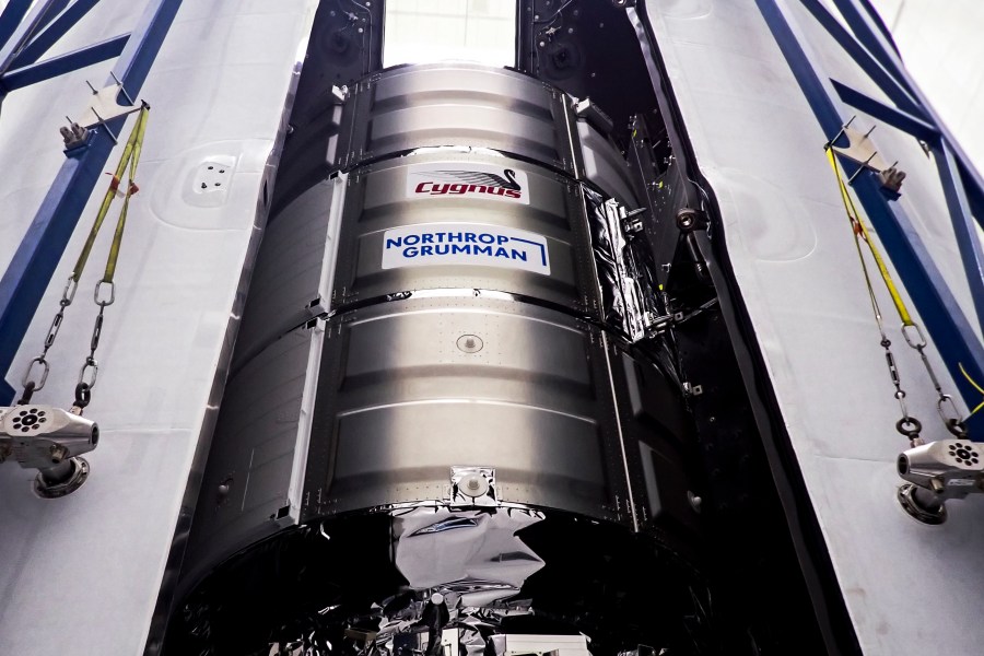 On Tuesday, July 30, 2024, the Northrop Grumman Cygnus resupply spacecraft is seen being encapsulated inside the SpaceX Falcon 9 payload fairing as it prepares to launch from Space Launch Complex 40 at Cape Canaveral Space Force Station in Florida for the 21st Northrop Grumman commercial resupply services for NASA.