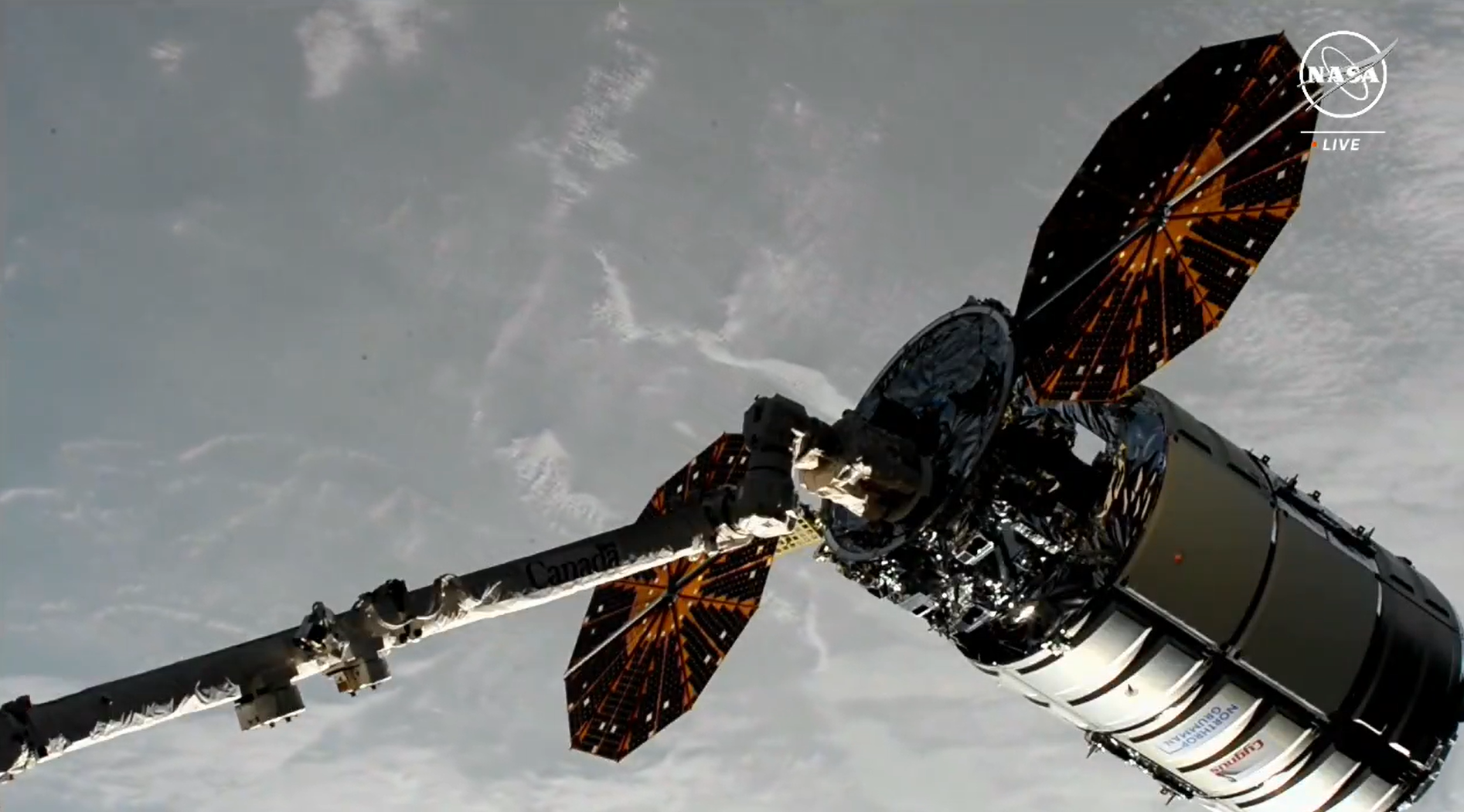 Northrop Grumman's Cygnus spacecraft is pictured attached to the Earth-facing port of the space station's Unity module on Aug. 6, 2024. Credit: NASA TV