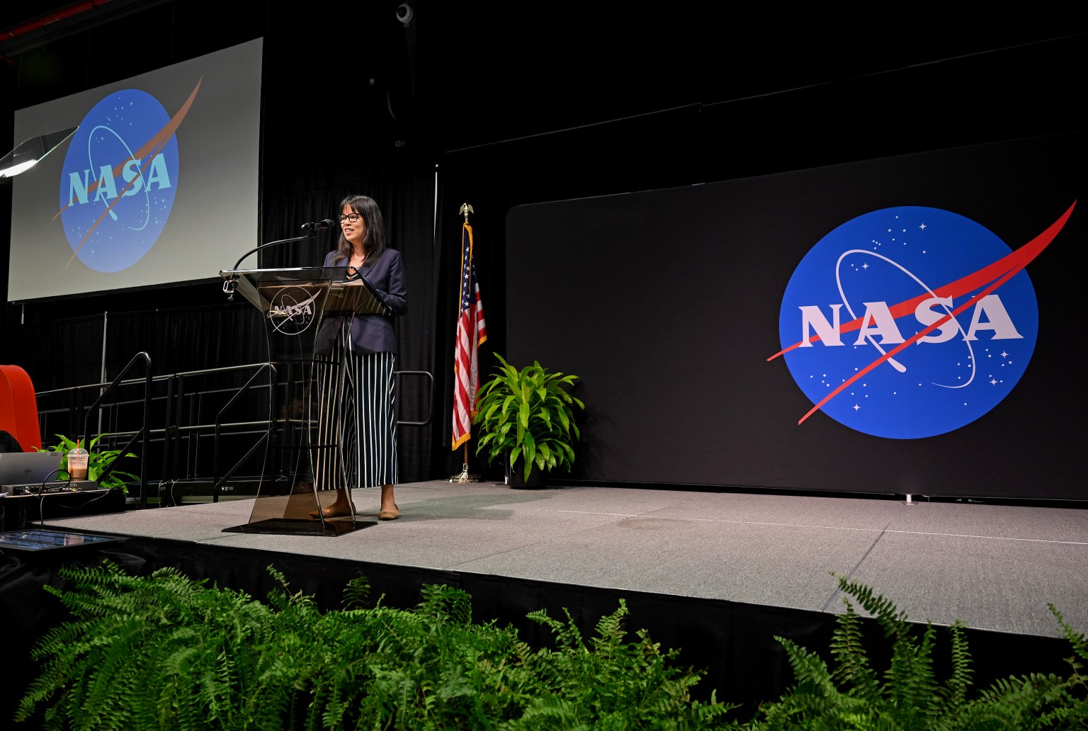 NASA Chief Financial Officer Margaret Vo Schaus speaks to audience members and honorees Aug. 15 during the 2023 Agency/Center Honor Awards at NASA’s Marshall Space Flight Center in Activities Building 4316. In all, 332 Marshall team members were awarded this year for their outstanding work and dedication to furthering the NASA mission, along with 97 teams.