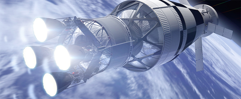 Artist render of a spacecraft in low-Earth orbit. The propulsion system is shown firing and propelling the spacecraft to its intended orbit.