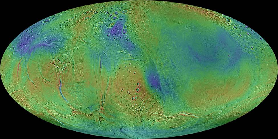 Map of Enceladus based on imagery from Cassini, turning our view of Enceladus from a small point of light into a unique world with its own topography