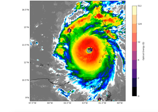 A Geostationary Lightning Mapper (GLM) image shows that Hurricane Beryl 2024 exhibited large, energetic lightning flashes during its intensification.