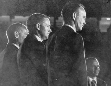 Aug. 16. Buzz, left, Neil, and Mike with emcee Frank Sinatra during the barbecue party in the Houston Astrodome