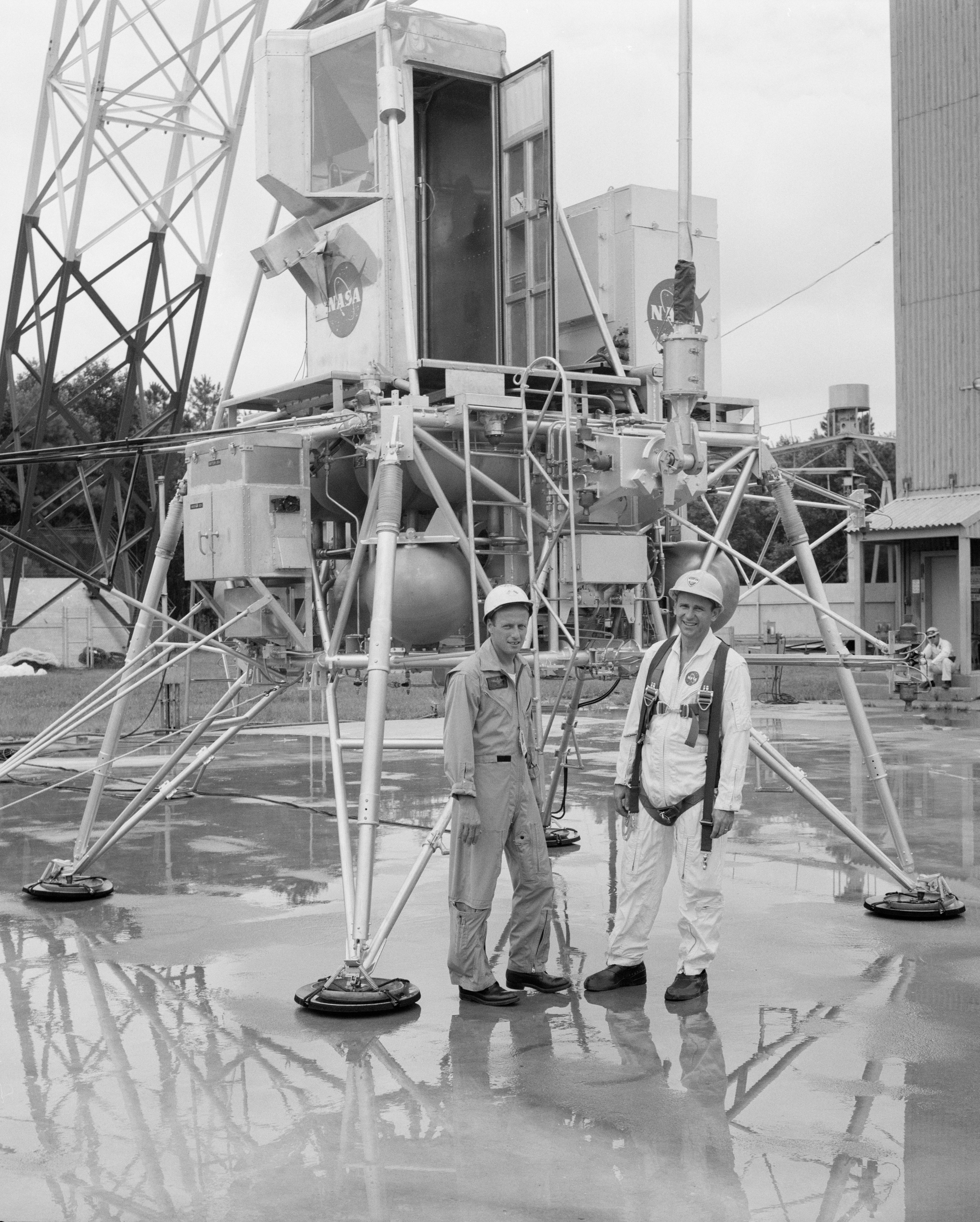 Apollo 12 astronauts Charles “Pete” Conrad, left, and Alan L. Bean at the Lunar Landing Research Facility (LLRF) at NASA’s Langley Research Center in Hampton, Virginia