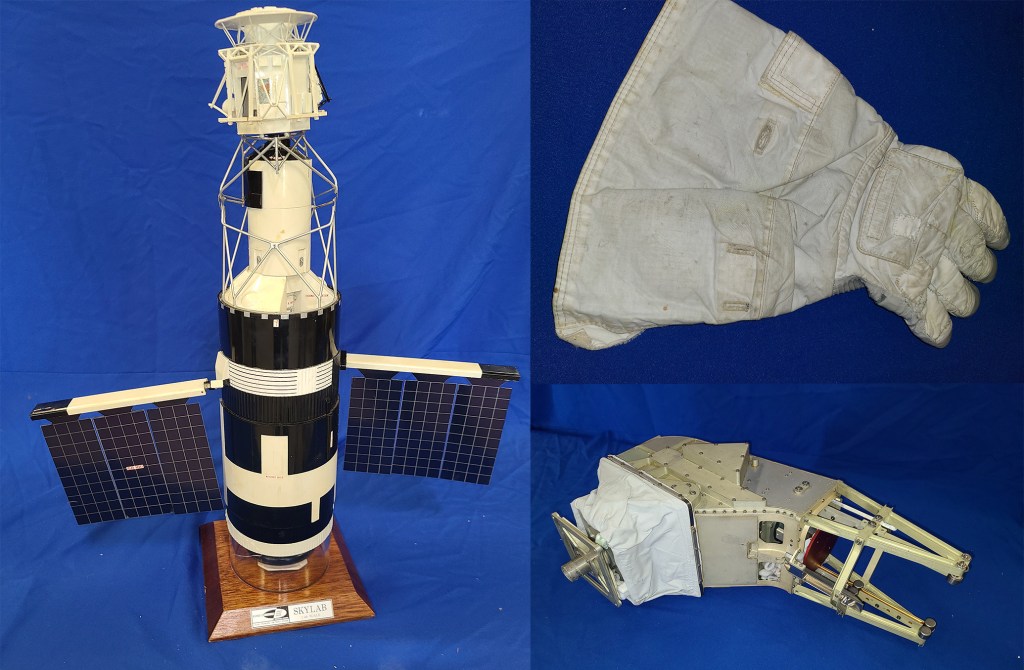 A collage showing an astronaut glove, a Hubble mockup and a piece of equipment