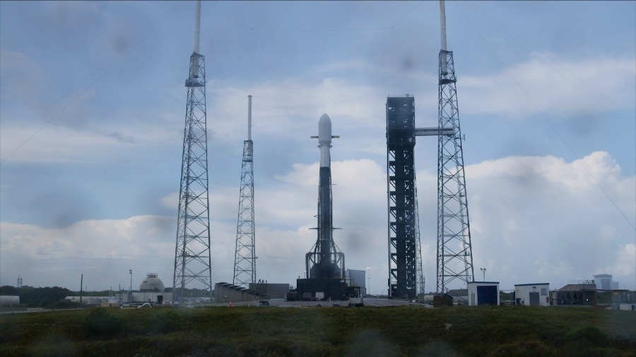 A Northrop Grumman Cygnus resupply spacecraft, atop a SpaceX Falcon 9 rocket, stands tall at Space Launch Complex 40 at Cape Canaveral Space Force Station in Florida on Saturday, Aug. 3, 2024, in preparations for a launch to the International Space Station.