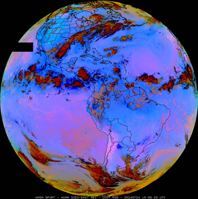 A July 24 image from NASA SPoRT’s Dust RGB product, with dark red indicating regions of cold clouds. The light magenta color over the central Atlantic Ocean highlights a region of dust associated with the Saharan Air Layer, which originates in Africa and helps to suppress tropical cyclone activity in the Atlantic Ocean as it moves westward toward the Caribbean.