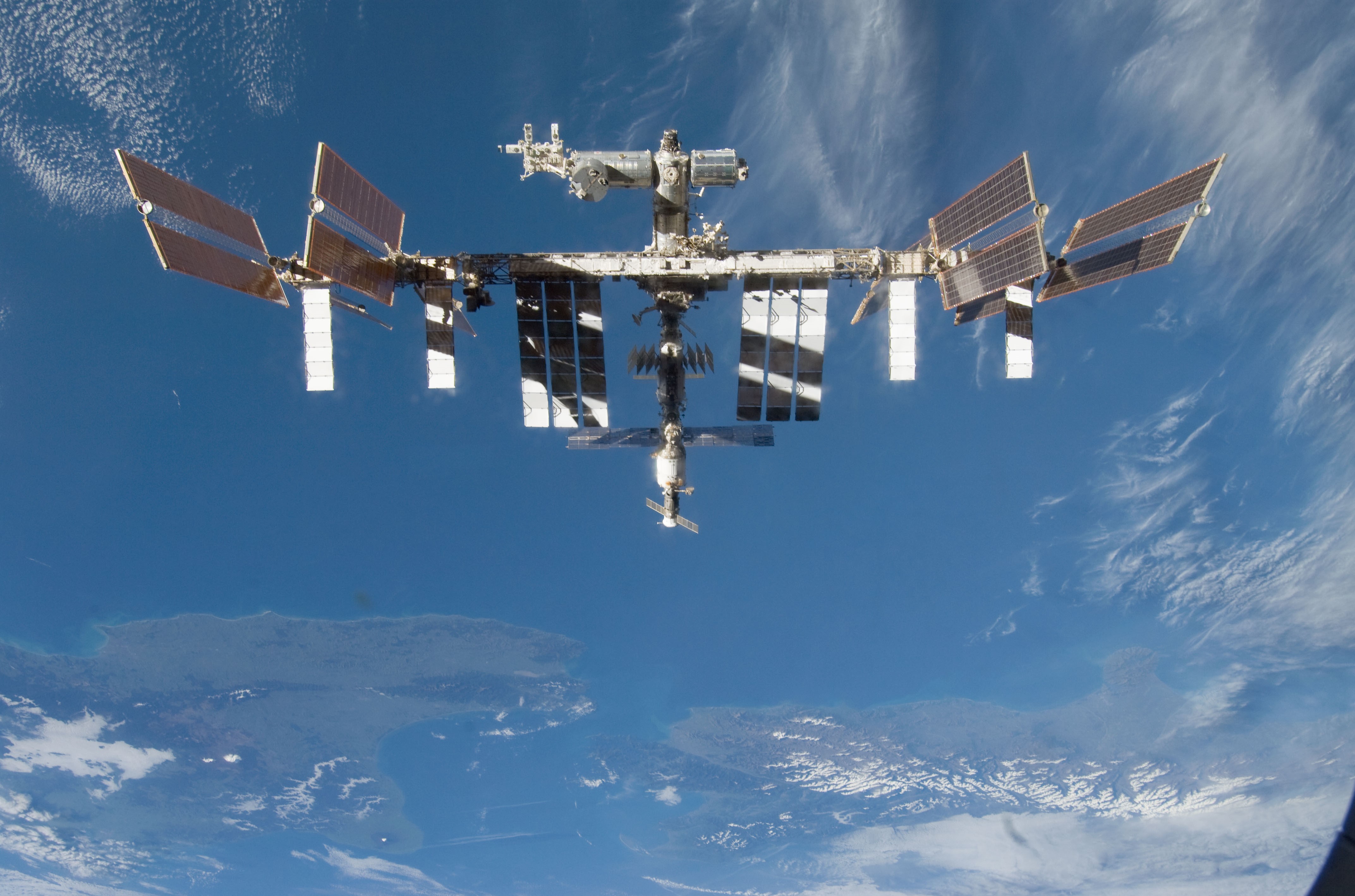 The space station seen from Discovery during the flyaround