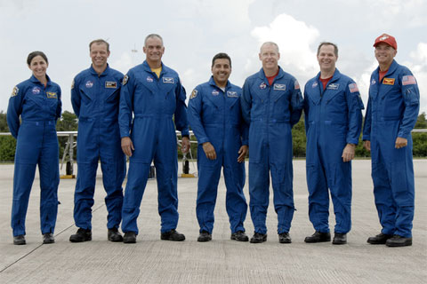 The STS-128 crew at the conclusion of the Terminal Countdown Demonstration Test at NASA's Kennedy Space Center in Florida