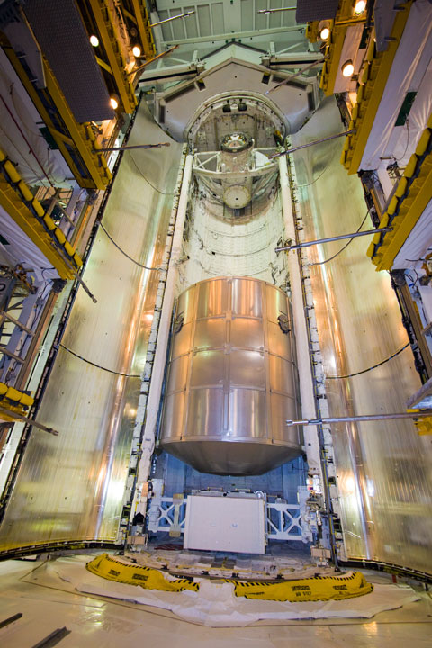 The Leonardo Multi-Purpose Logistics Module in Discovery’s payload bay at Launch Pad 39A