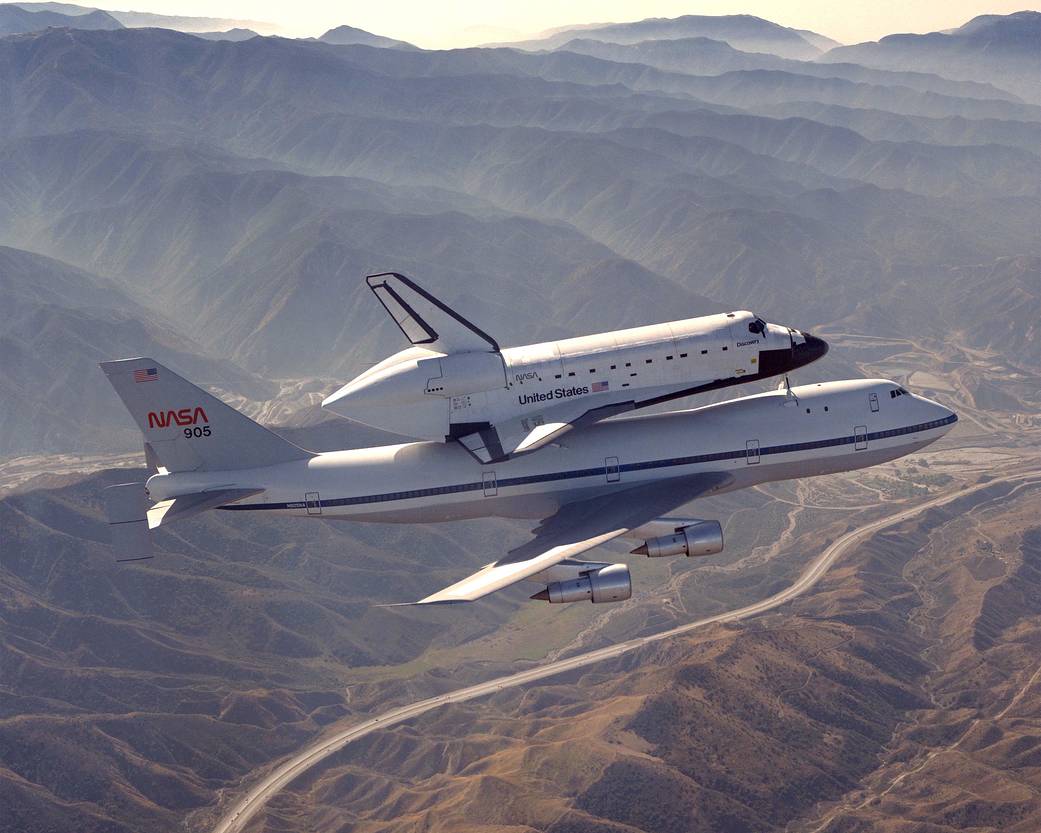 Discovery atop the Shuttle Carrier Aircraft during the cross-country ferry flight