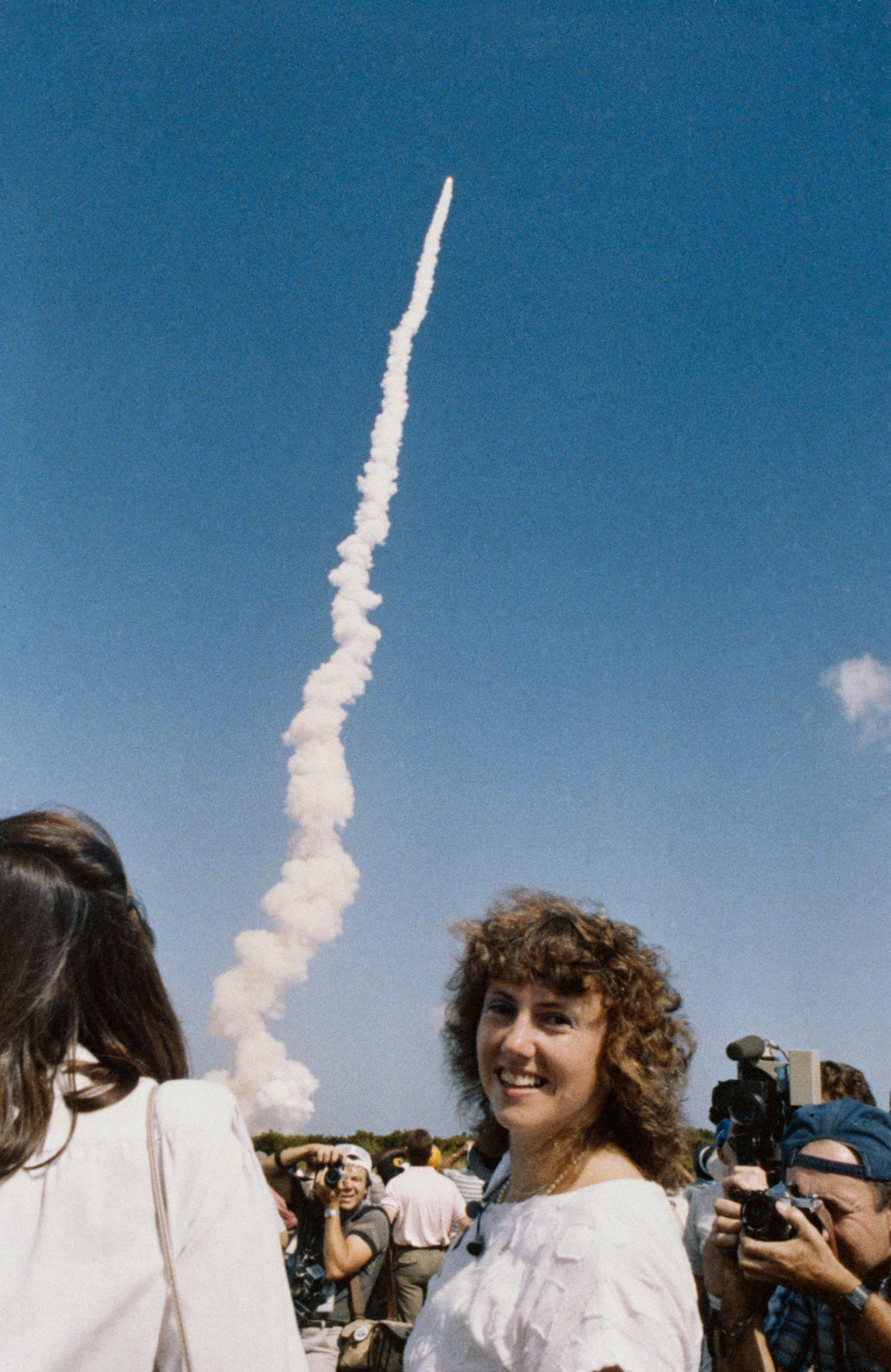 S. Christa McAuliffe watches the launch of space shuttle Challenger on the STS-61A Spacelab D1 mission