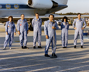 The STS-51L crew arrives at NASA's Kennedy Space Center in Florida a few days before launch