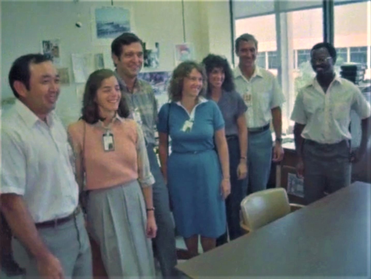 Barbara R. Morgan, second from left, and S. Christa McAuliffe, fourth from left, meet the STS-51L crew at NASA's Johnson Space Center in Houston