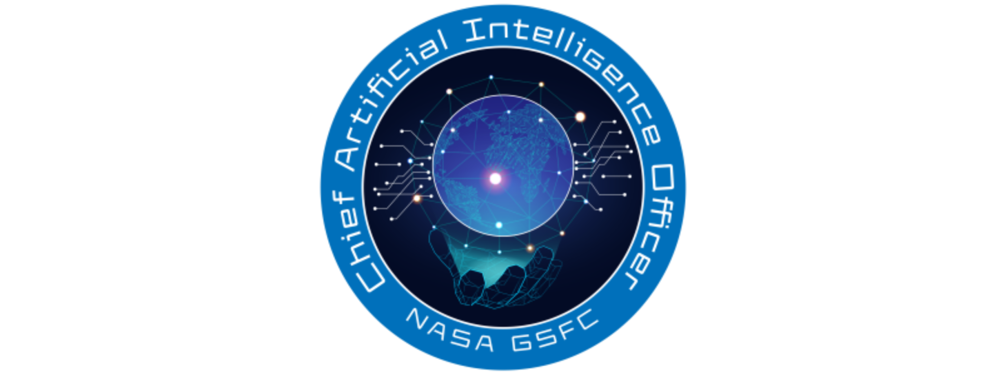 Logo for the Chief Artificial Intelligence Officer at Goddard. A blue ring "Chief Artificial Intelligence Officer NASA GSFC" in a techy font surrounds a darker blue circle. In the center, a rendering of a globe with small lines and tiny dots of light extend from the globe, like a representation of the internet.