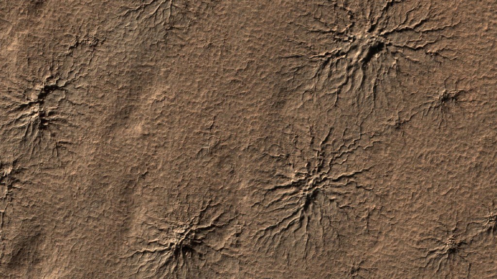 Spider-shaped features called araneiform terrain are found in the southern hemisphere of Mars