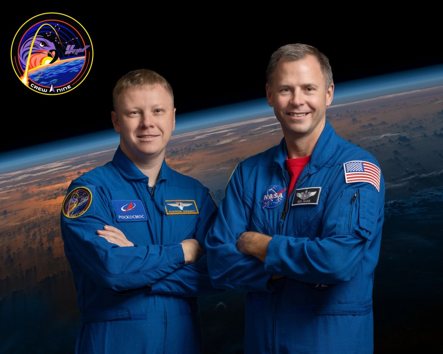 SpaceX Crew-9 members (from left) Mission Specialist Aleksandr Gorbunov from Roscosmos and Commander Nick Hague from NASA pose for an official crew portrait at NASA's Johnson Space Center in Houston, Texas. Credit: NASA/Josh Valcarel