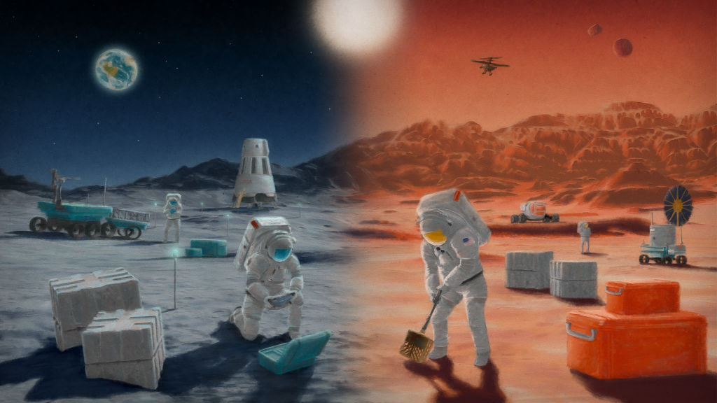 Artist rendering of astronauts working on the moon and Mars.