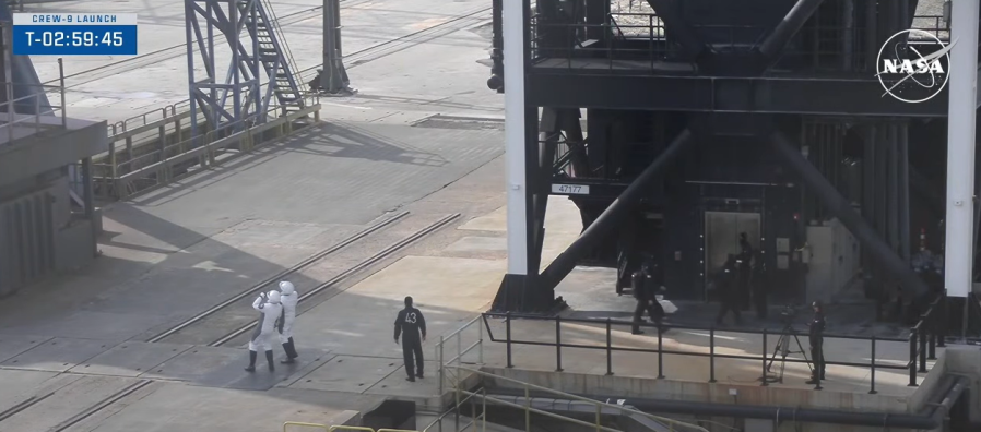 Image shows NASA's SpaceX Crew-9 crewmembers arrive at Space Launch Complex-40 at Cape Canaveral Space Force Station on Saturday, Sept. 28, 2024.