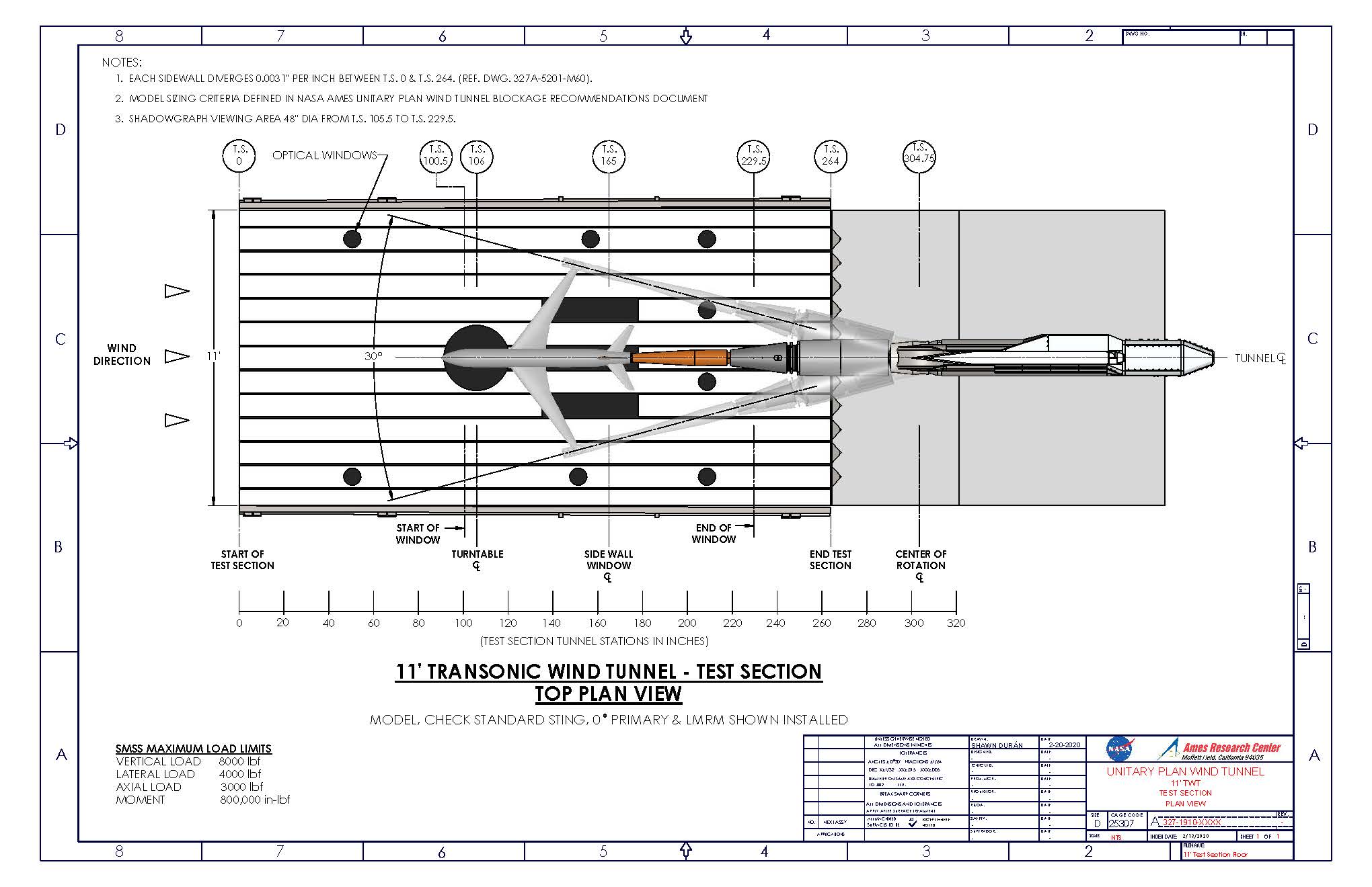 NASA Ames Unitary Plan Wind Tunnel 11-by 11-foot Transonic Wind Tunnel Test Section Dimensions Top Plan View Drawing.