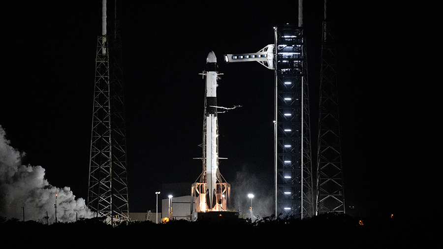 The SpaceX Falcon 9 rocket performs a brief static fire test at the Cape Canaveral Space Force Station in Florida before the launch of the Crew-9 mission. Credit: NASA/Keegan Barber