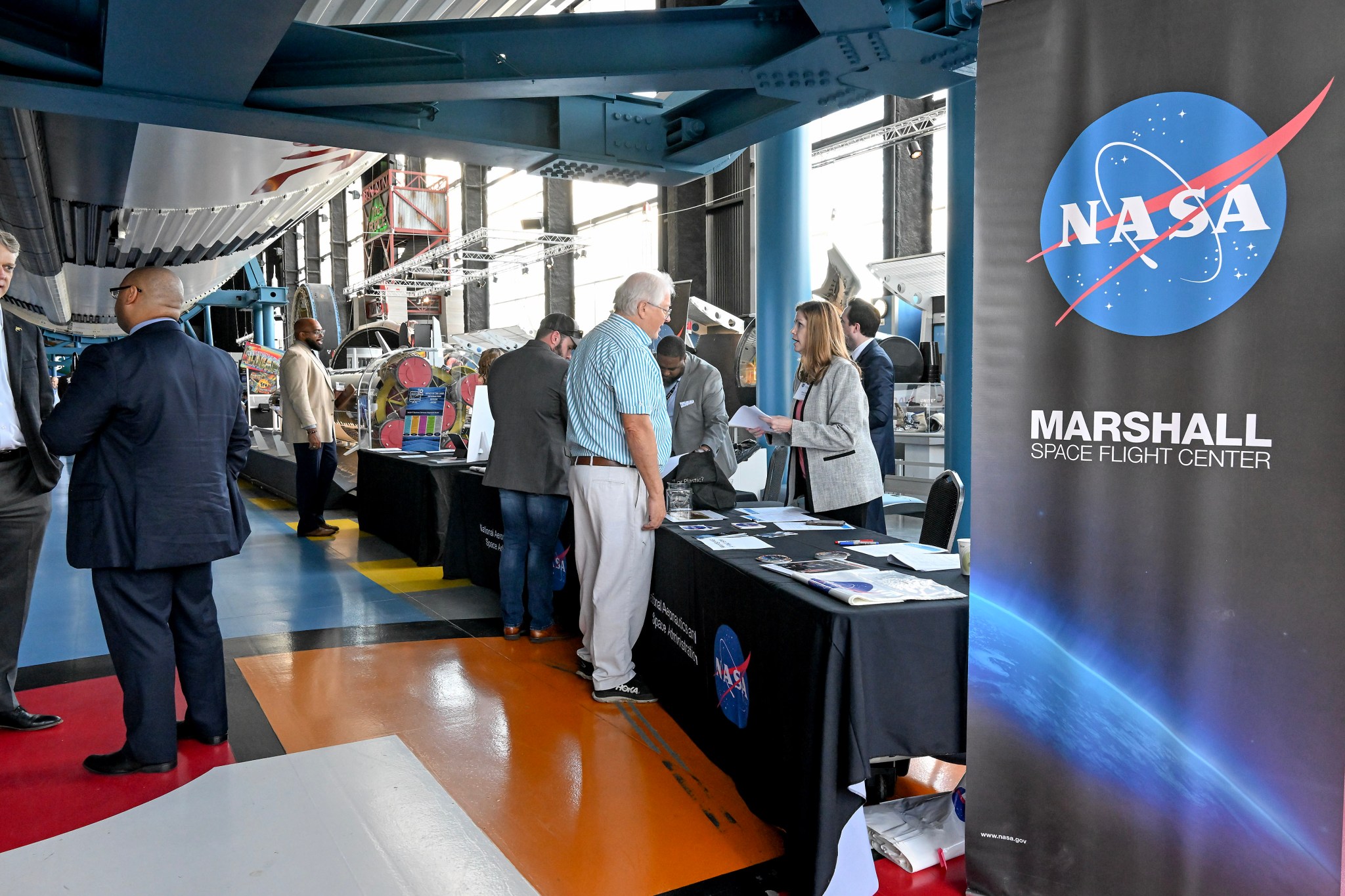 Attendees network during Marshall’s Small Business Alliance event at the U.S. Space & Rocket Center’s Davidson Center for Space Exploration in Huntsville.