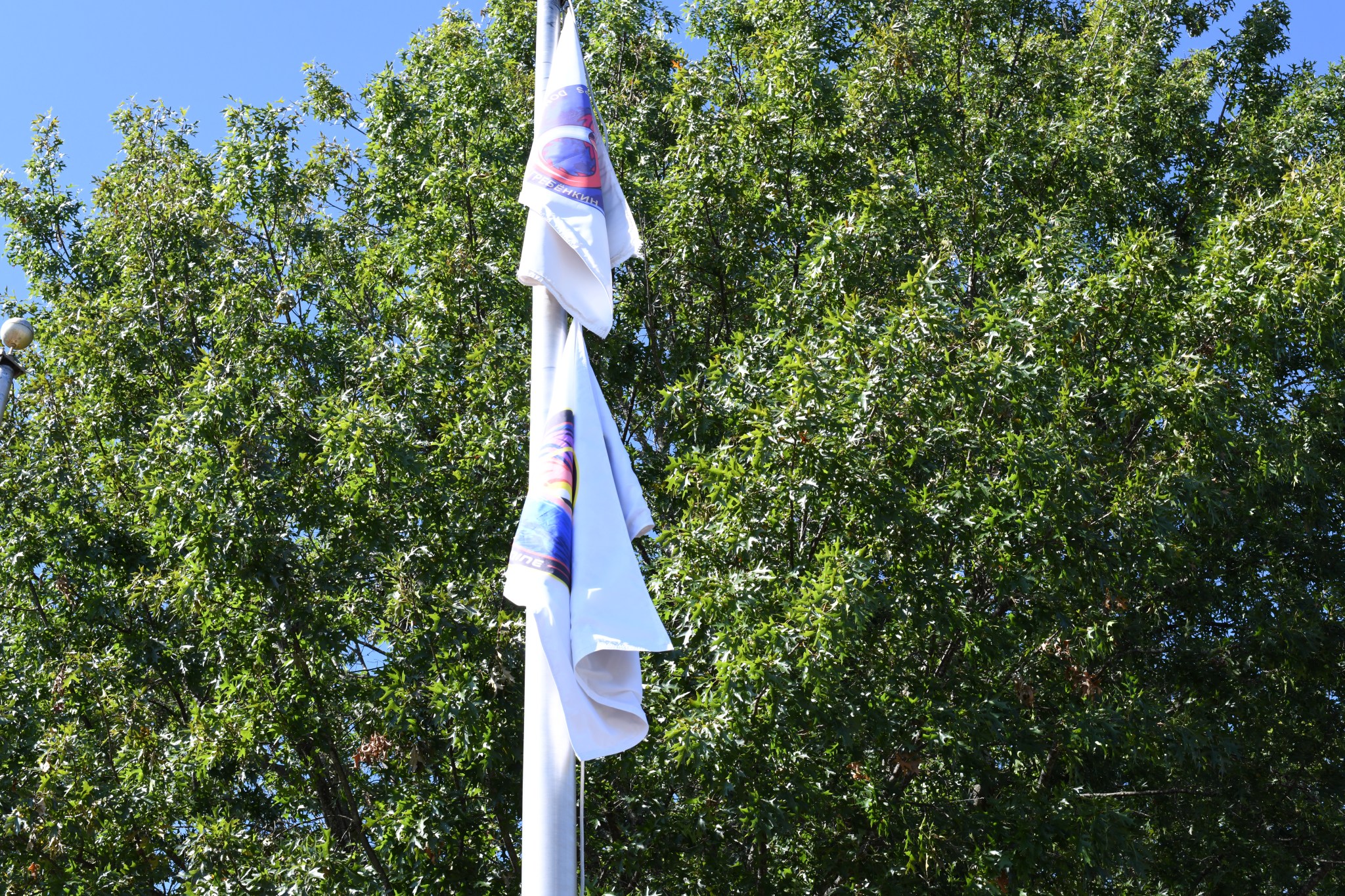 The Crew-9 mission flag is raised during the ceremony outside the Huntsville Operations Support Center.