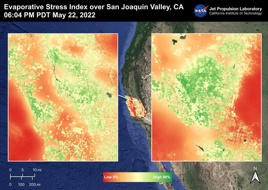 ECOSTRESS data show evaporative stress in agricultural fields in California’s San Joaquin Valley.