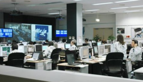 The mission control room at the Tsukuba Space Center in Japan