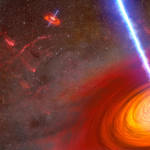 This is an artist's depiction of a pair of active black holes at the heart of two merging galaxies. They are both surrounded by an accretion disk of hot gas. Some of the material is ejected along the spin axis of each black hole. Confined by powerful magnetic fields, the jets blaze across space at nearly the speed of light as devastating beams of energy.