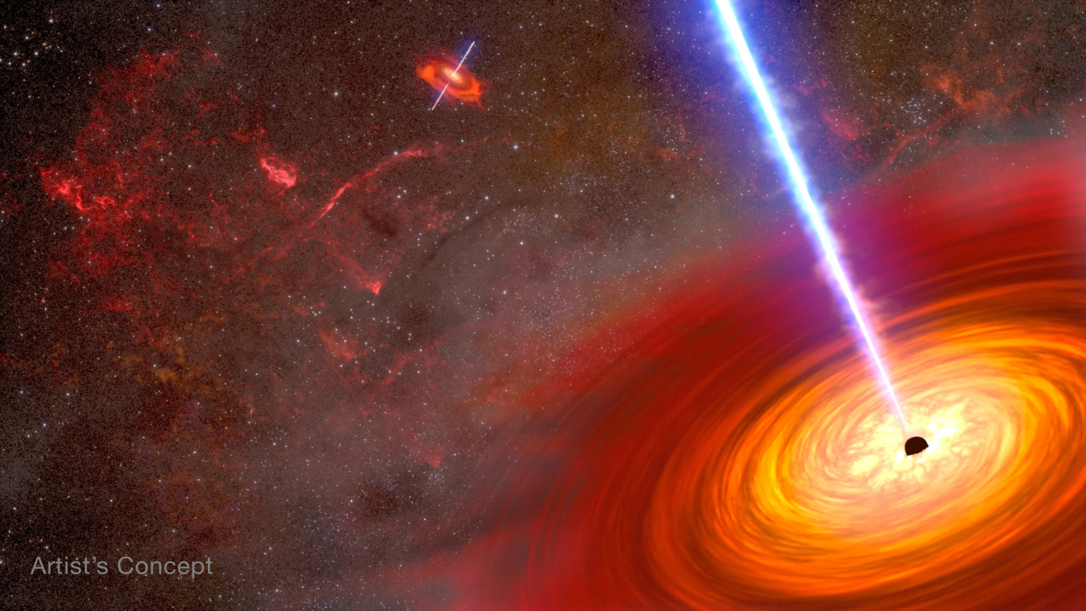 This is an artist's depiction of a pair of active black holes at the heart of two merging galaxies. They are both surrounded by an accretion disk of hot gas. Some of the material is ejected along the spin axis of each black hole. Confined by powerful magnetic fields, the jets blaze across space at nearly the speed of light as devastating beams of energy.