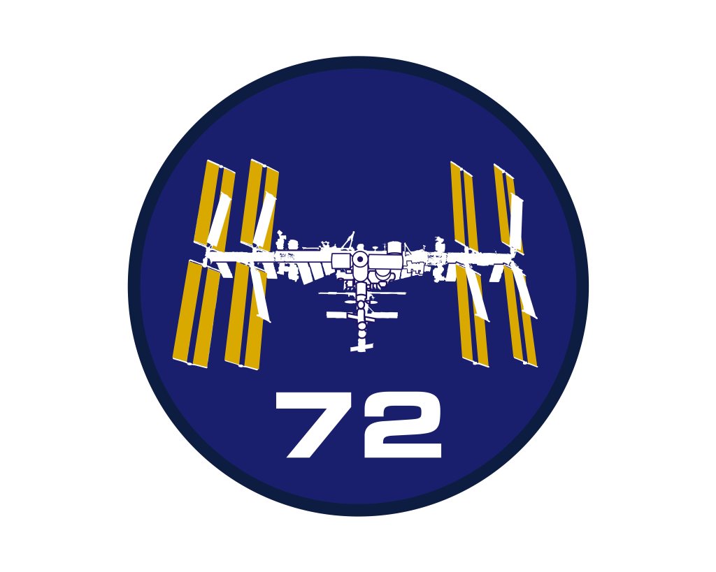 The official insignia of the Expedition 72 crew that will live and work aboard the International Space Station for a six-month space research mission beginning in late 2024. The simple patch design highlights the configuration of the orbital laboratory with its six roll-out solar arrays augmenting the station's power generation system.