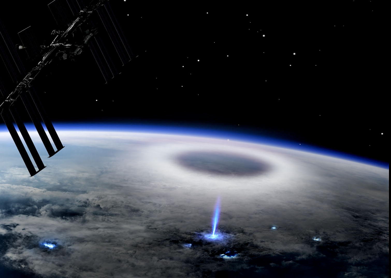 A view of Earth’s atmosphere from space, showing a bright blue lightning-like phenomenon striking upwards from a storm system. The International Space Station is visible in the top left, hovering above the Earth’s curvature.