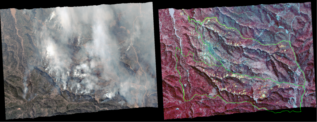 Two rectangles side by side show the exact same image in two different forms: the one on the left is a normal photo, and shows brown and green earth partially obscured by gray smoke. The one on the right is in all bright colors; primarily magenta