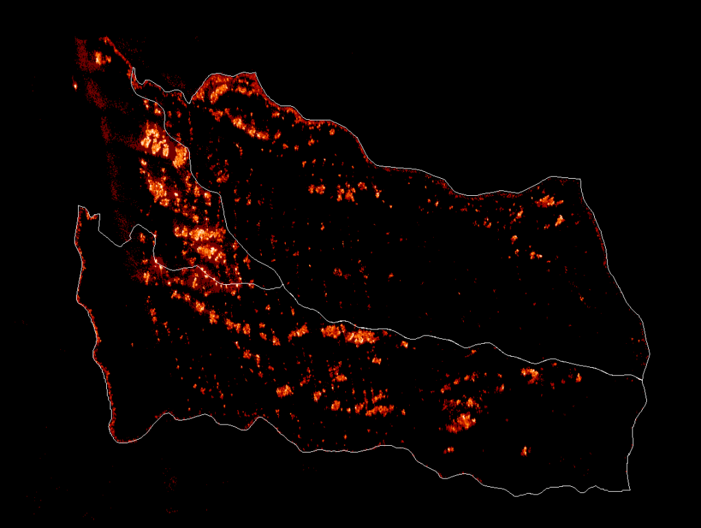 A mostly black image shows a roughly rectangular outline in bright red, interspersed with glowing patches in red, orange, and yellow - mostly concentrated toward the left side of the rectangle.