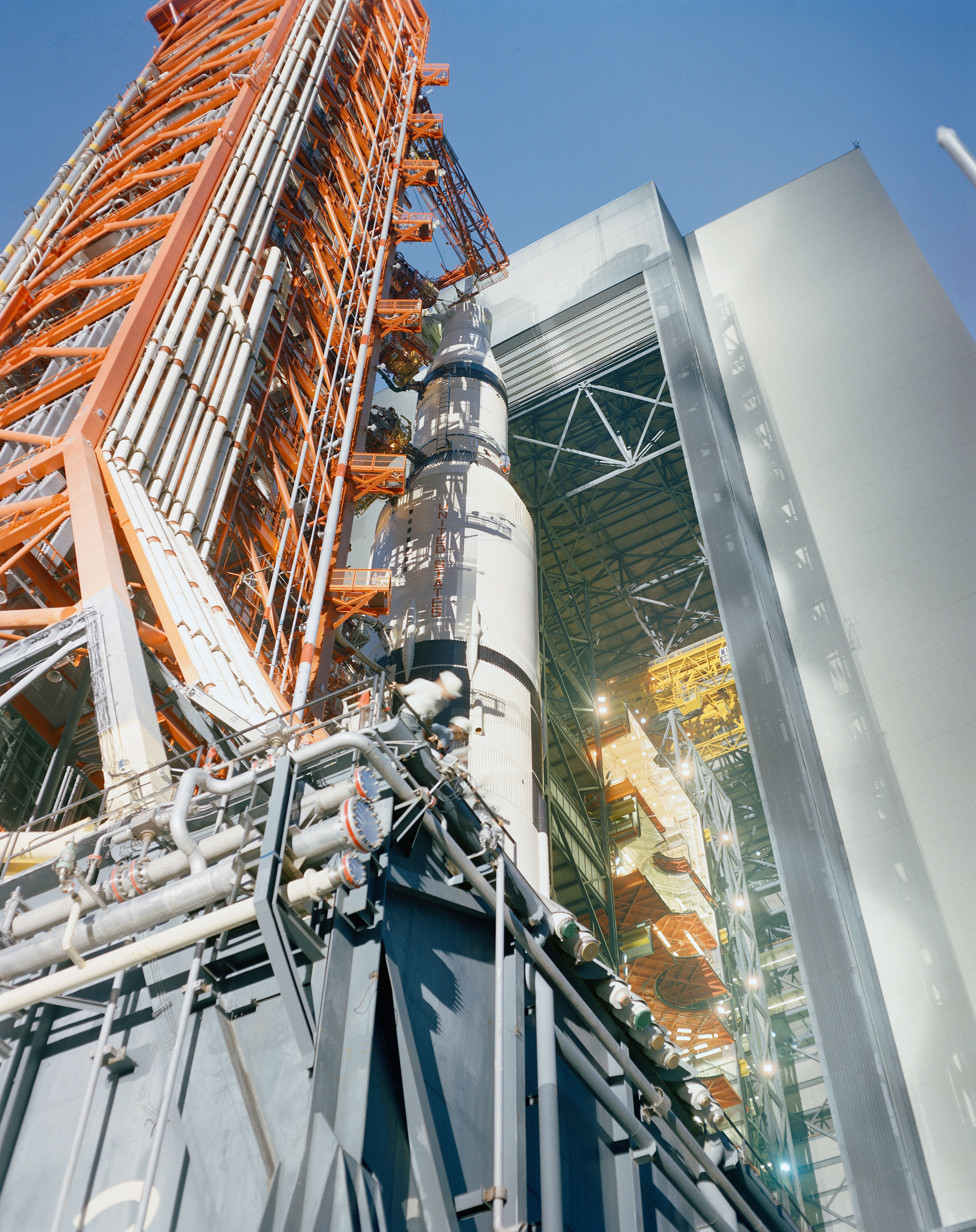 The Apollo 12 Saturn V exits the Vehicle Assembly Building on its way to Launch Pad 39A