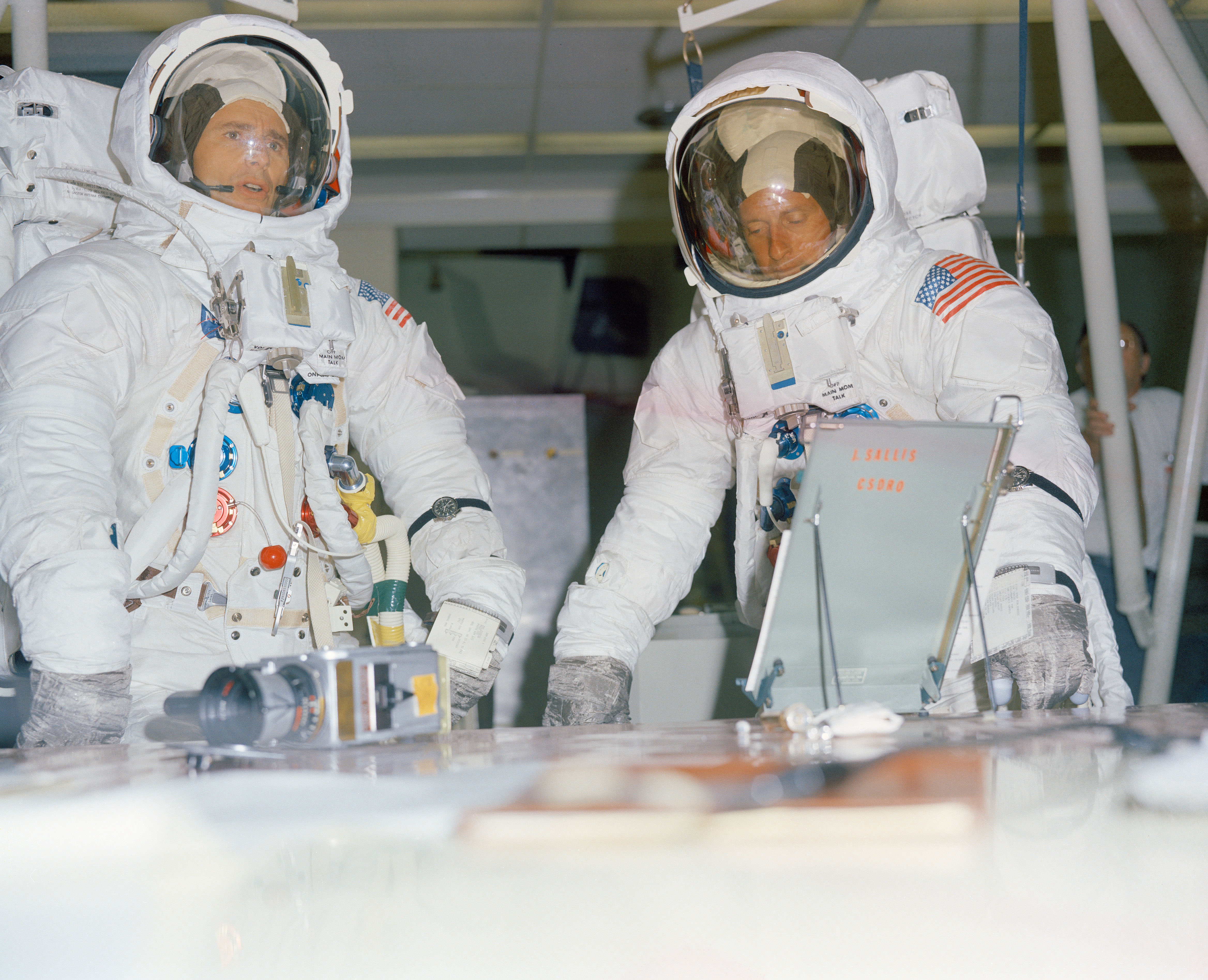 Apollo 12 astronauts Alan L. Bean, left, and Charles “Pete” Conrad rehearse their lunar surface spacewalks at NASA’s Kennedy Space Center in Florida