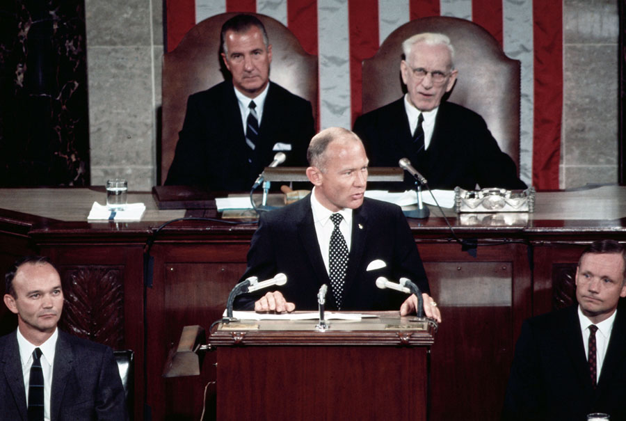 Apollo 11 astronauts Michael Collins, left, Edwin E. “Buzz Aldrin, and Neil A. Armstrong each addressed a Joint Meeting of Congress, with Vice President Spiro T. Agnew and Speaker of the House John W. McCormack seated behind them