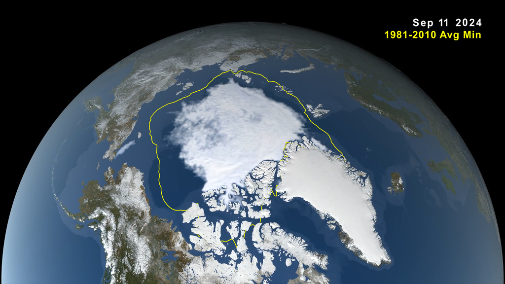 Image of Arctic sea ice minimum extent on September 11, 2024. The yellow boundary shows the minimum extent averaged over the 30-year period from 1981 to 2010.