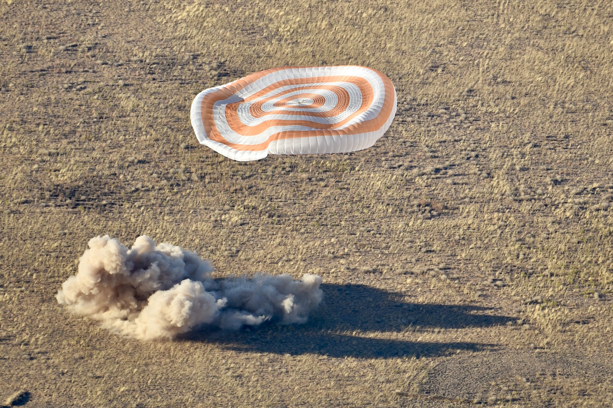 The Soyuz MS-25 spacecraft is seen as it lands in a remote area near the town of Zhezkazgan, Kazakhstan with Expedition 71 NASA astronaut Tracy C. Dyson, and Roscosmos cosmonauts Nikolai Chub and Oleg Kononenko, Monday, Sept. 23. Dyson is returning to Earth after logging 184 days in space as a member of Expeditions 70-71 aboard the International Space Station and Chub and Kononenko return after having spent the last 374 days in space.