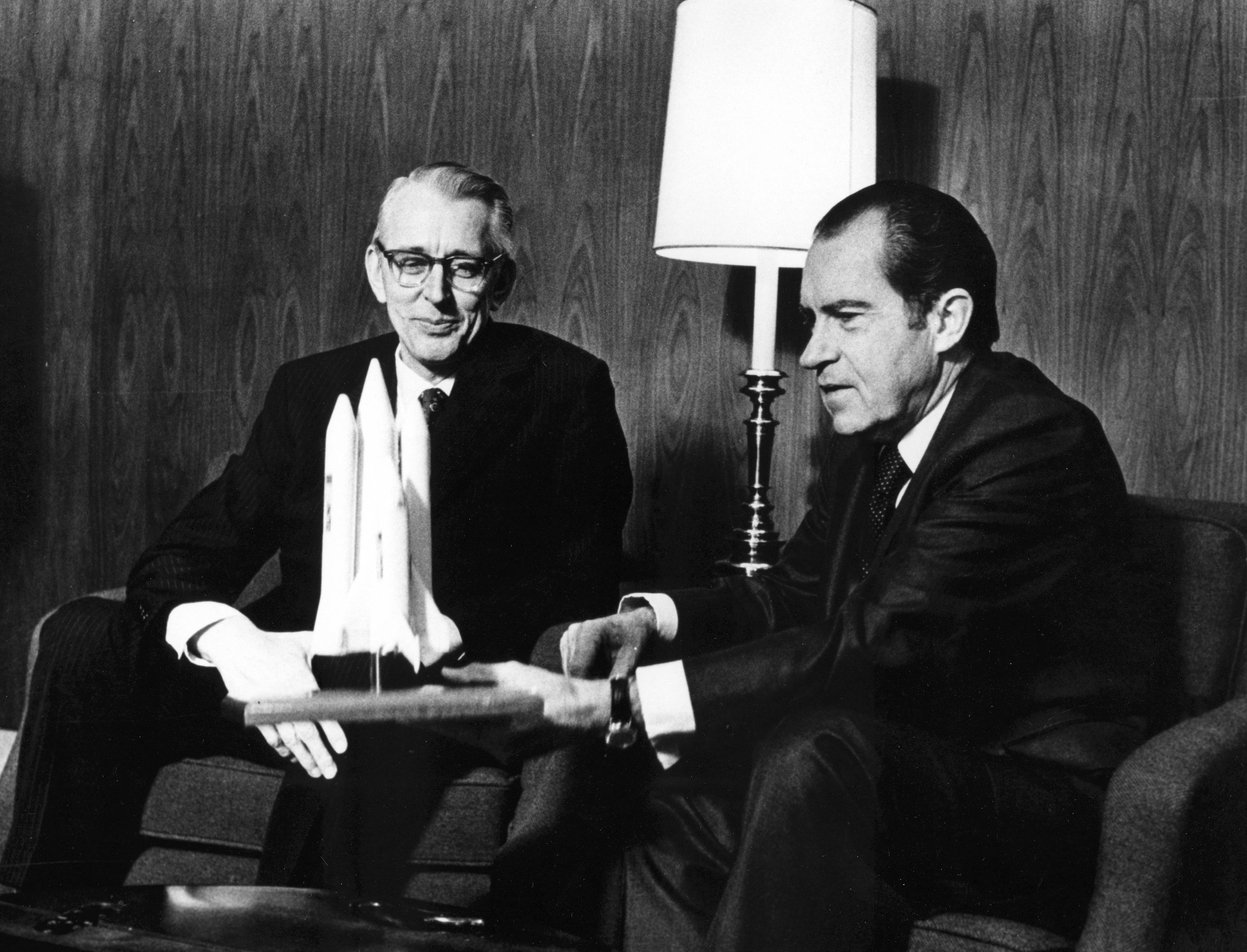 NASA Administrator James C. Fletcher and President Richard M. Nixon announce the approval to proceed with space shuttle development in 1972