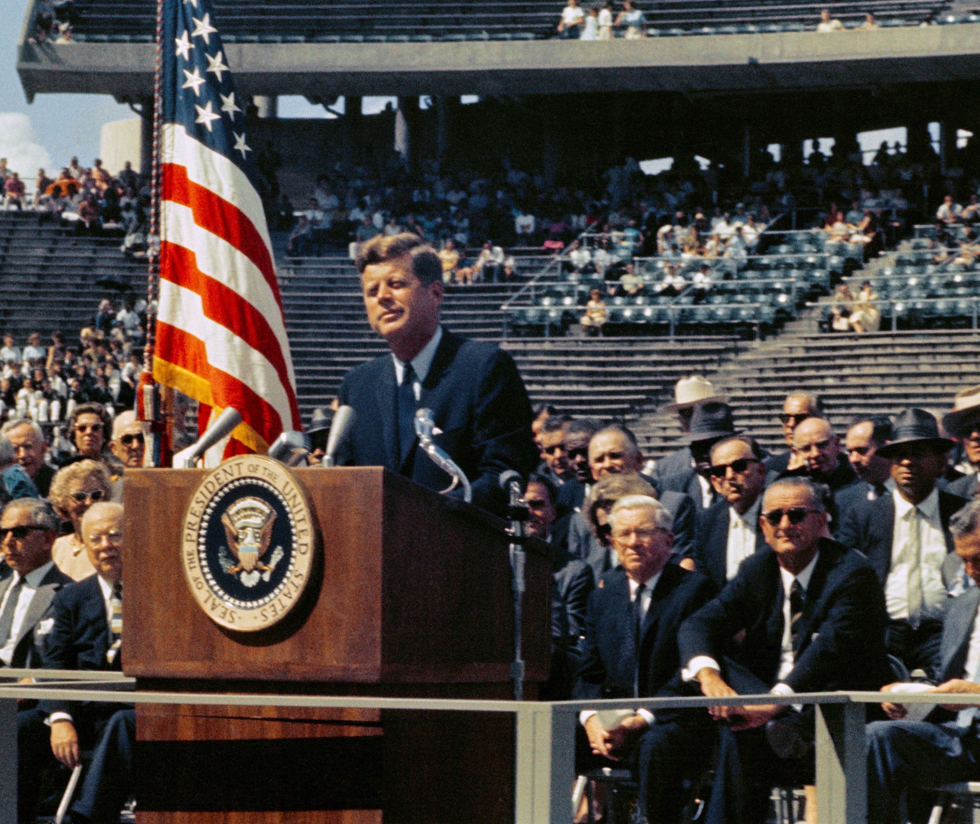 Kennedy addresses a crowd at Rice University in Houston in September 1962