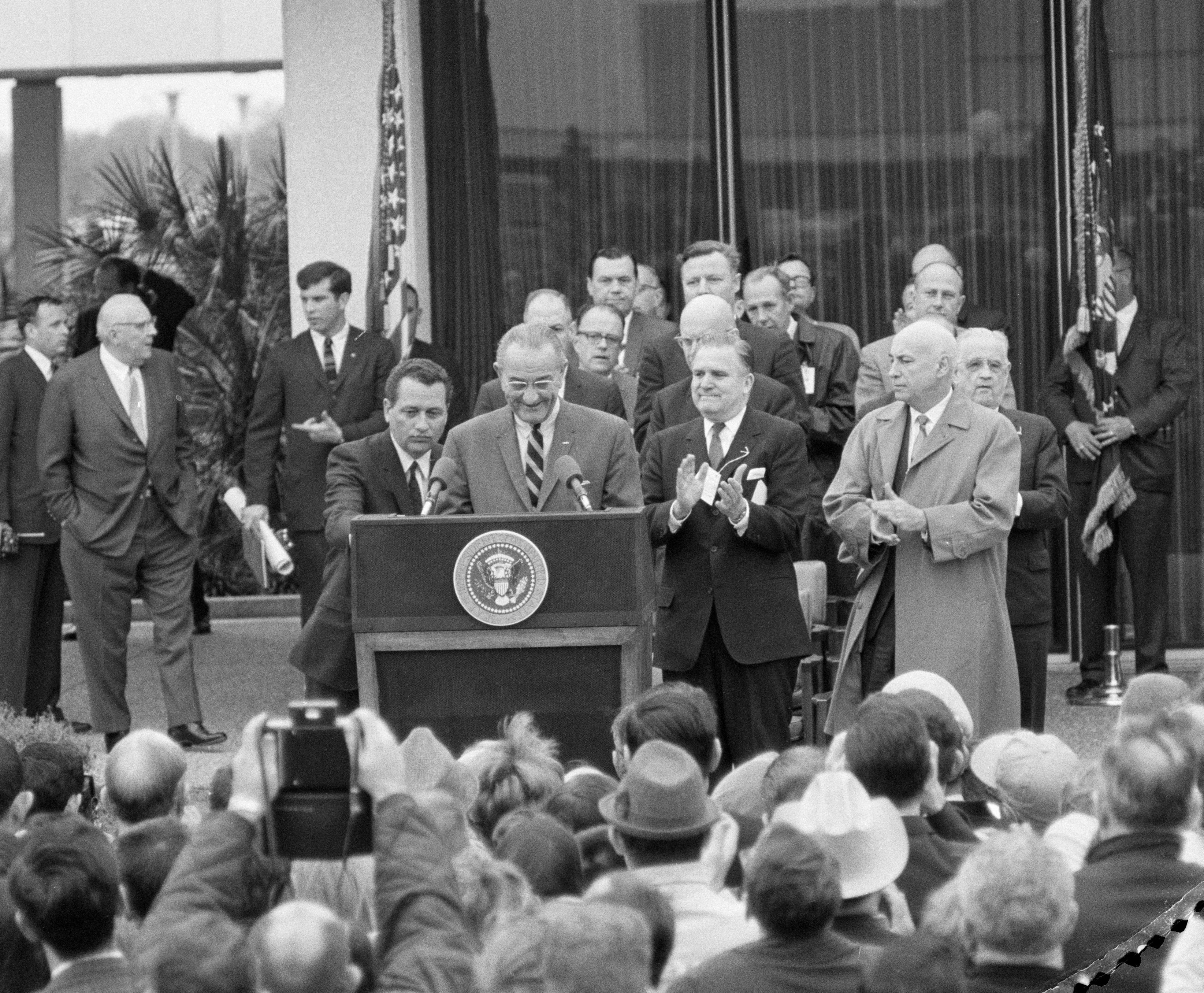 President Lyndon B. Johnson addresses a crowd during a March 1968 visit to the Manned Spacecraft Center, now NASA's Johnson Space Center, in Houston