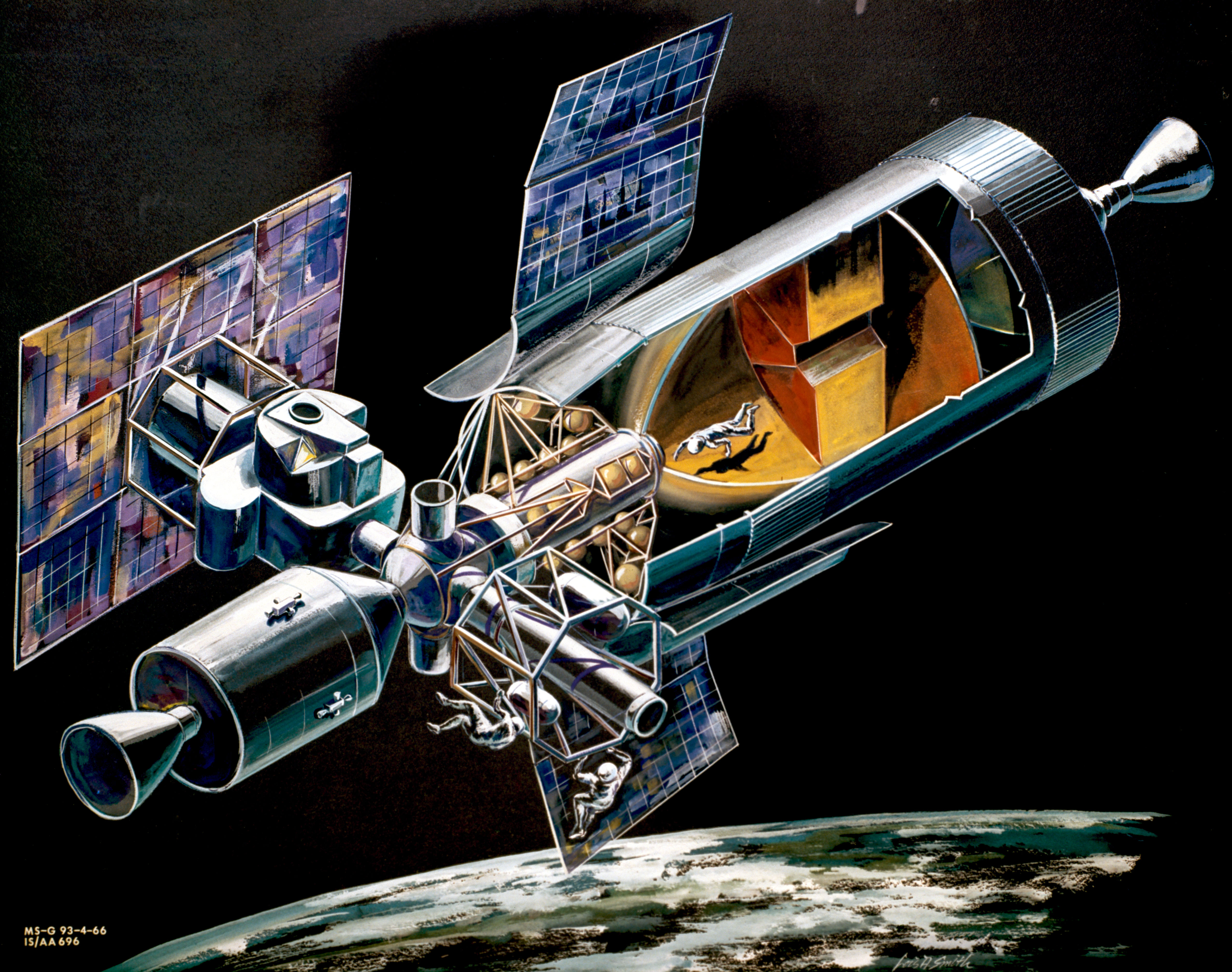 An illustration of the Apollo Applications Program experimental space station that later evolved into Skylab